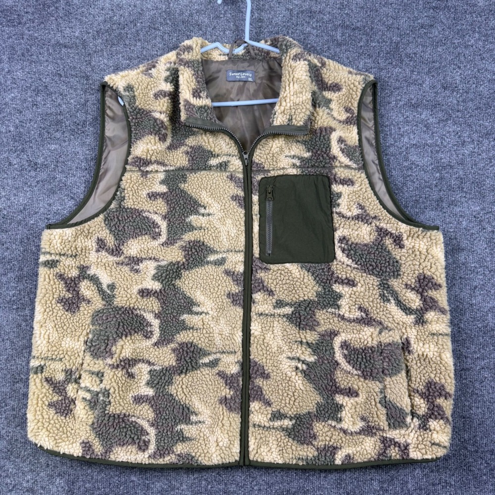 Sweet Lovely by Jen Camo Sherpa Fleece Vest 3XL Green Tan Full Zip SW481PL